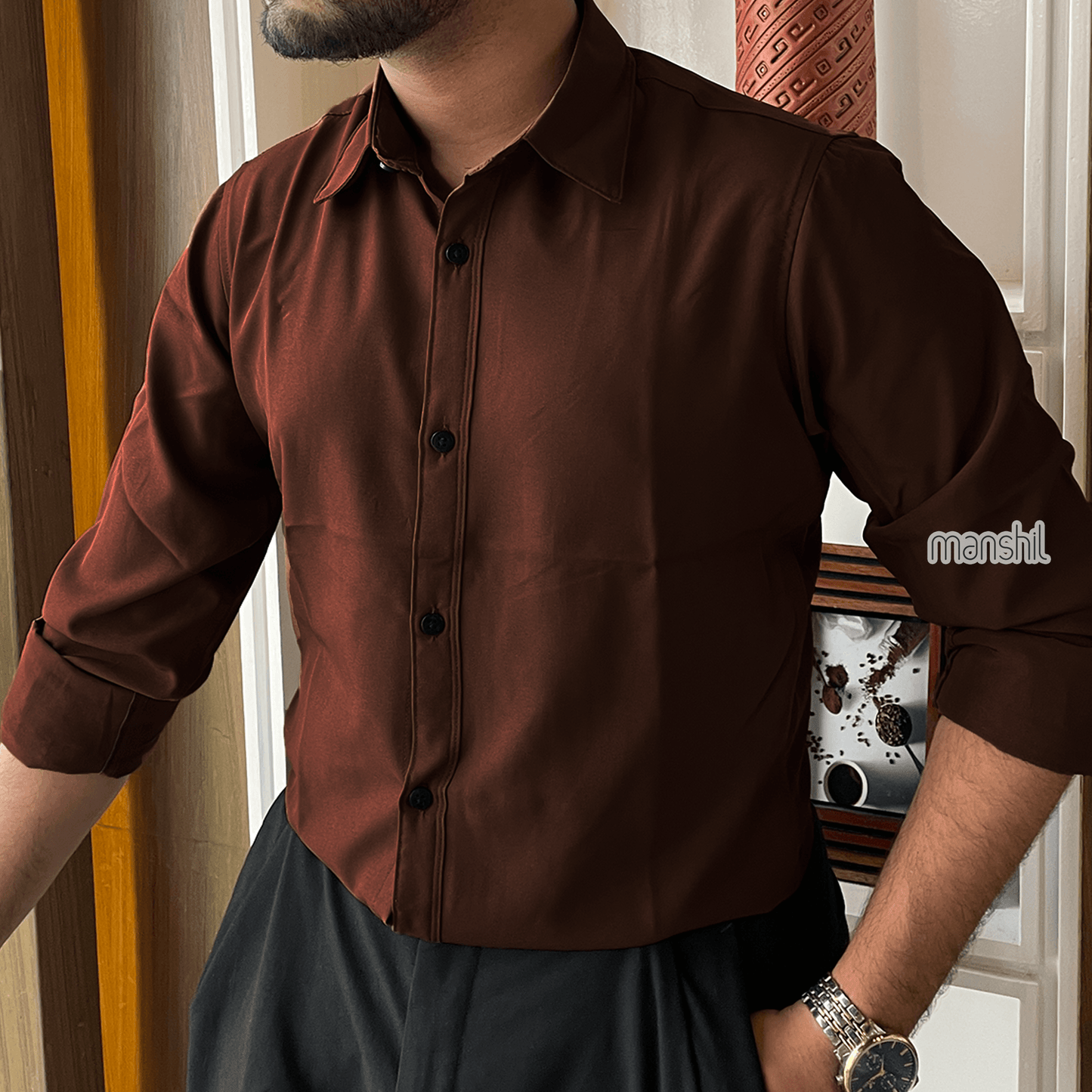 Coffee Micro-Stretch Formal Shirt