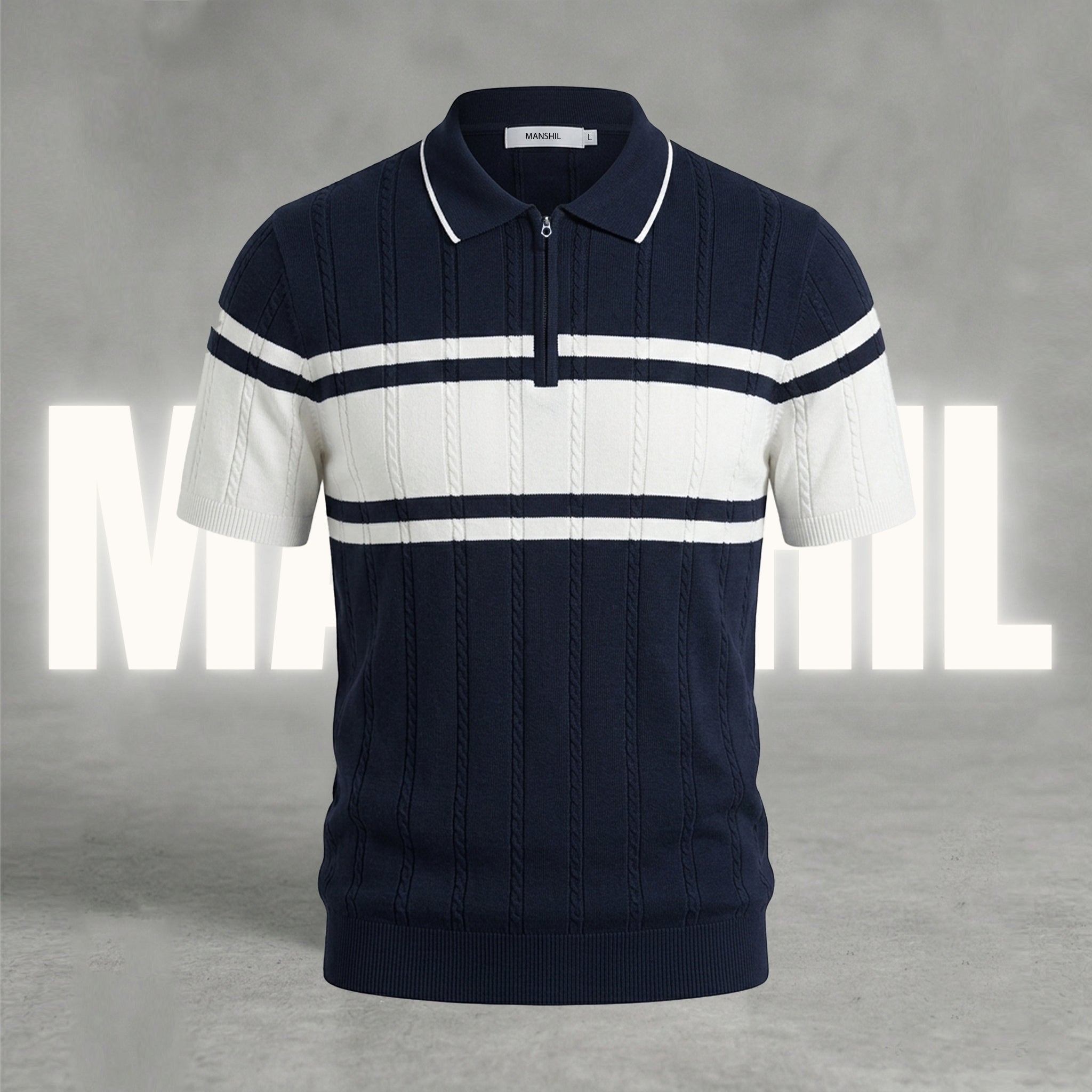 Navy-blue and white old-money knit polo (OKP-3) – Manshil