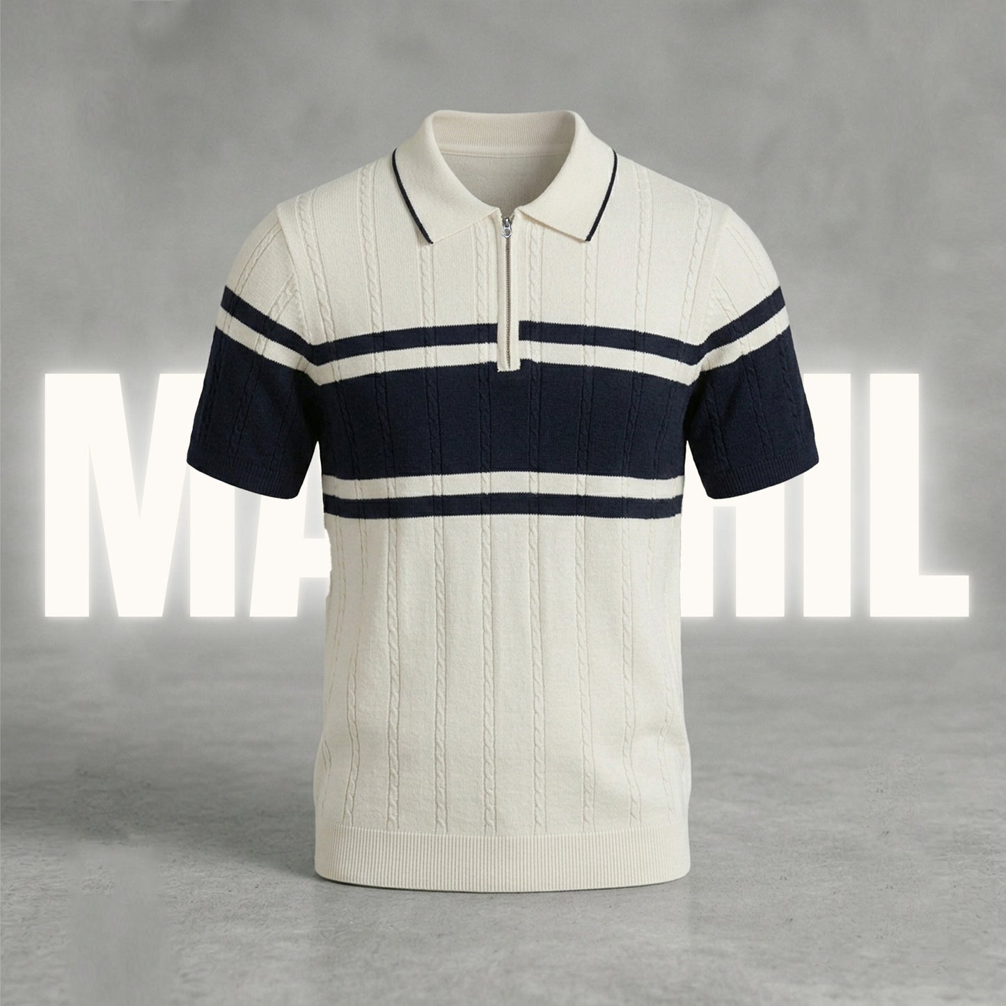 White and navy-blue old-money knit polo (OKP-1)