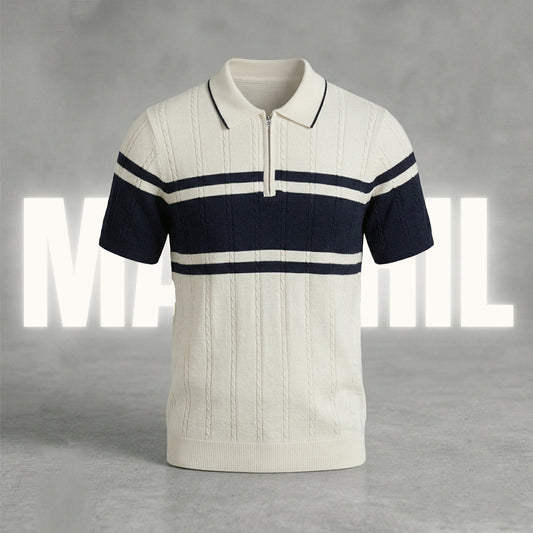 White and navy-blue old-money knit polo (OKP-1)